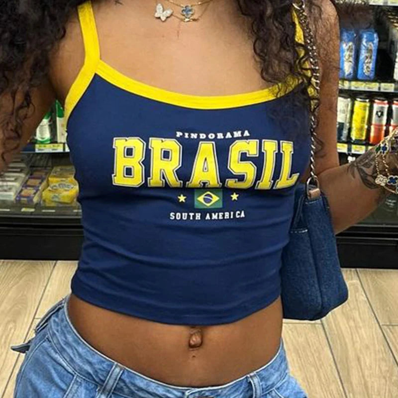 Vintage Brazil Print Camisole – Y2K Aesthetic Slim Fit Crop Top for Women crop top LUNARITY GARAGE S