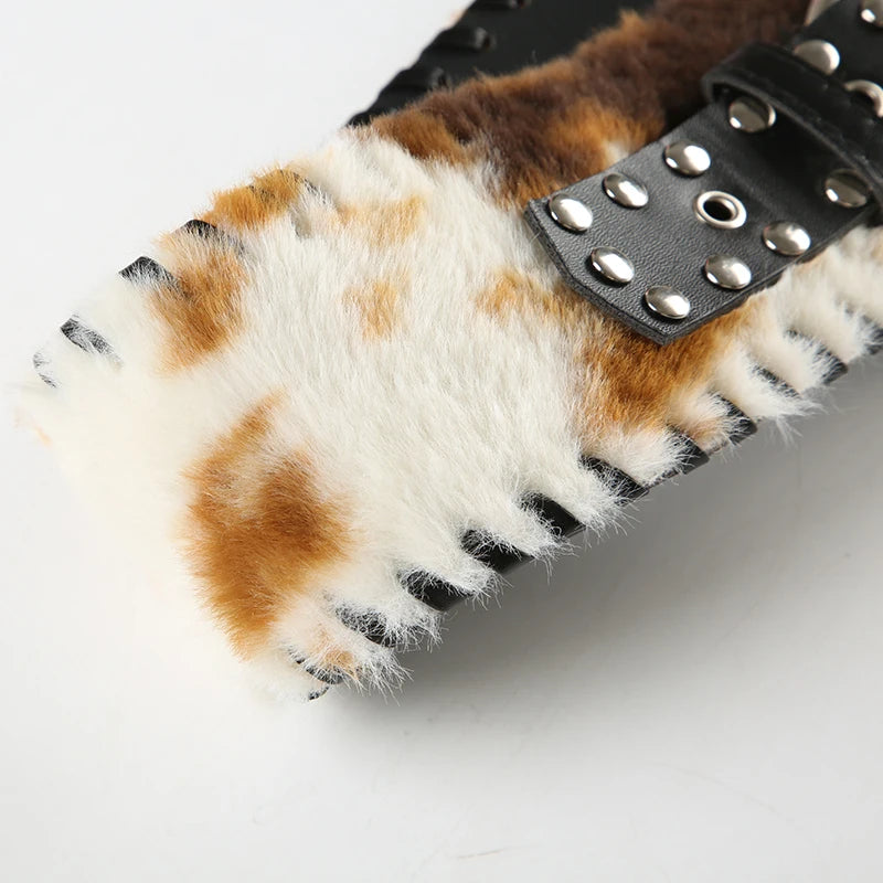 Y2K Vintage Faux Fur Patchwork Belt - Punk Western Cowboy Waistband Accessory Belt LUNARITY GARAGE