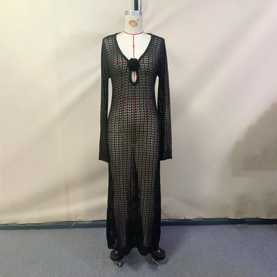 Hollow Out Knitted Long Dress | Elegant Beach Cover-Up & Sexy Swimwear Outfit cover up LUNARITY GARAGE Black S