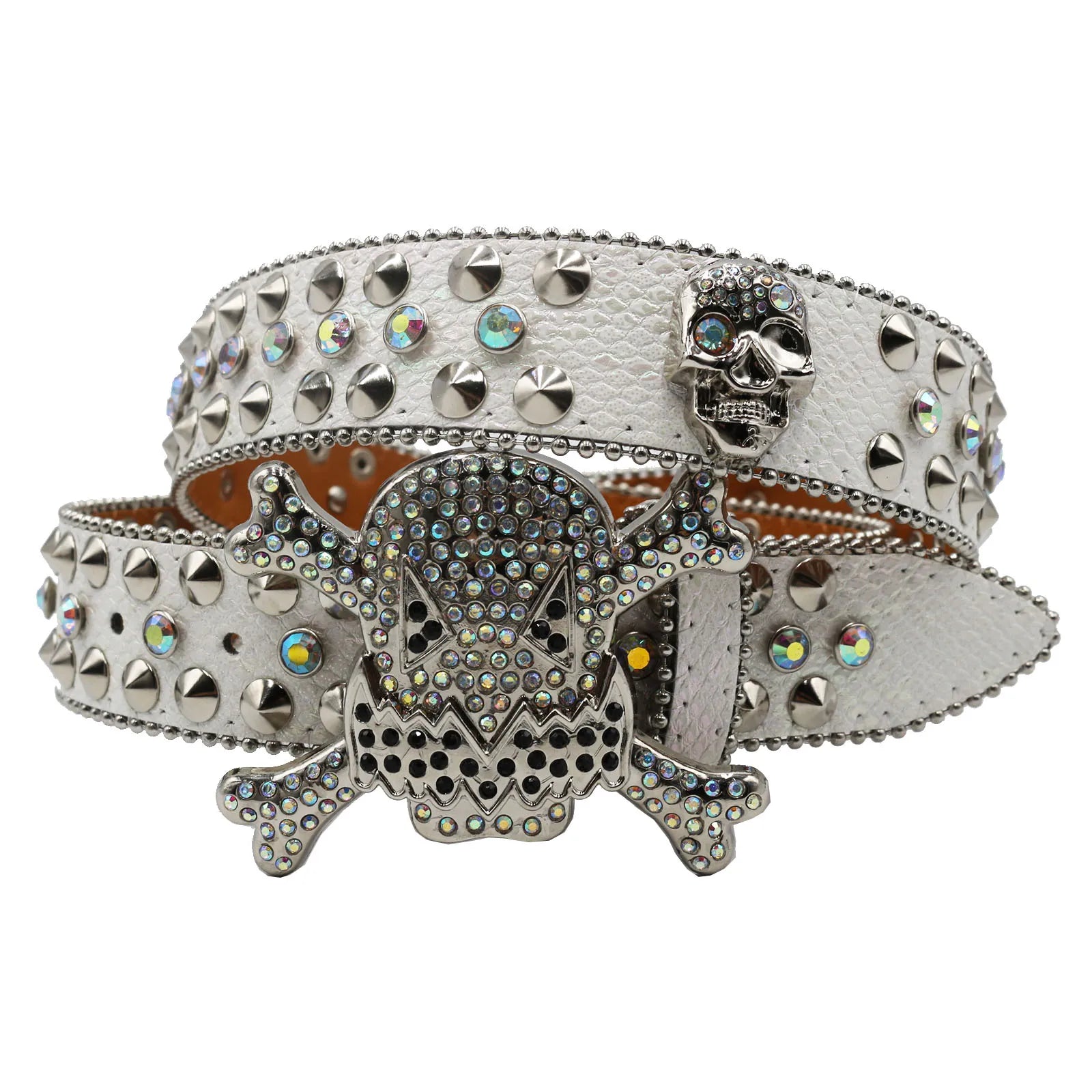 Skull Rhinestone Cowboy Belt – European & American Style Pin Buckle belt LUNARITY GARAGE JD-KT-White 115CM