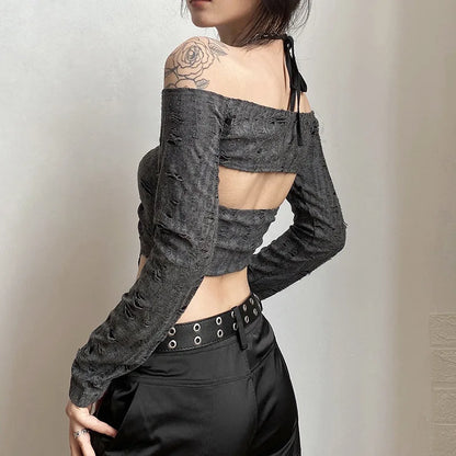 Gray Gothic Lace Cutout Long Sleeve Tuxedo Top top LUNARITY GARAGE
