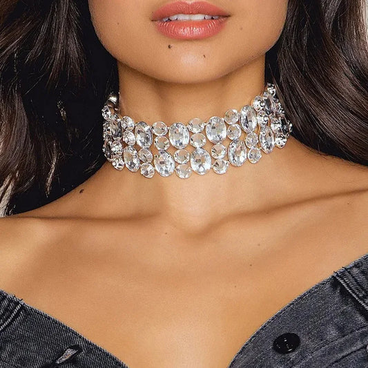 Large Rhinestone Multi-Row Choker Necklace Necklace Lunarity Garage Silver  