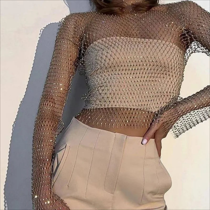 Women Sexy Mesh See Through T Shirt Shiny Rhinestone Fishnet Hollow Out Crop Top Long Sleeve Beach Cover Up Party Club Tank Tops LUNARITY GARAGE
