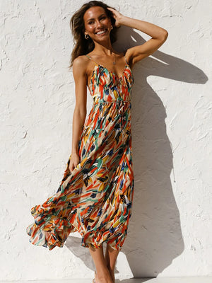 Bohemian Floral Print Mid-Calf Dress - Spaghetti Strap Sexy Casual Sundress Dress LUNARITY GARAGE