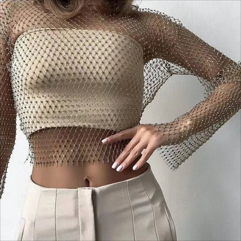 Women Sexy Mesh See Through T Shirt Shiny Rhinestone Fishnet Hollow Out Crop Top Long Sleeve Beach Cover Up Party Club Tank Tops LUNARITY GARAGE