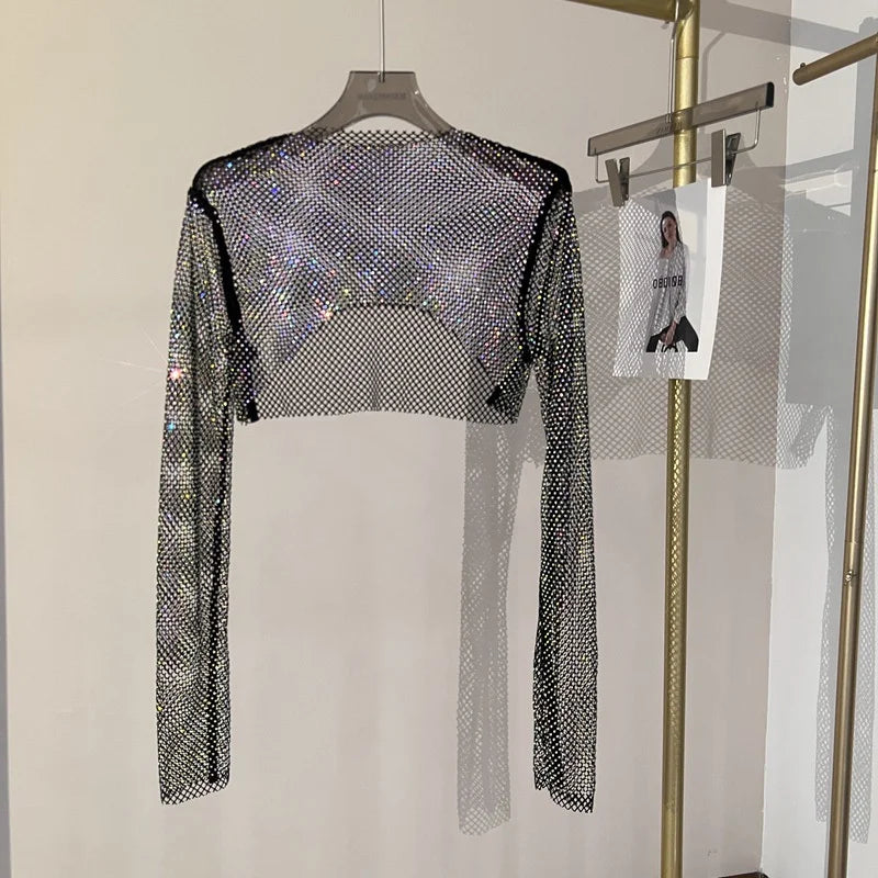 Handmade Women Glitter Diamante Crop Top Sexy Hollow Out Crop Tops Clubwear Short Tank Tops Black Shining Tube Vest Diamonds Top Rhinestone Crop Top LUNARITY GARAGE Short-20cm One Size