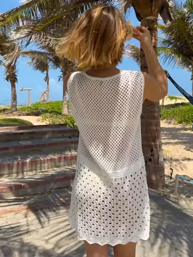 Effortless Charm: The Solid Knit Cut Out Mini Beach Dress cover ups LUNARITY GARAGE