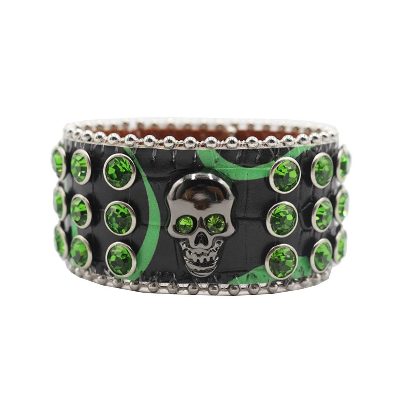 Wide Rhinestone Skull Bracelet – PU Leather Statement Cuff Bracelets LUNARITY GARAGE HW-Green