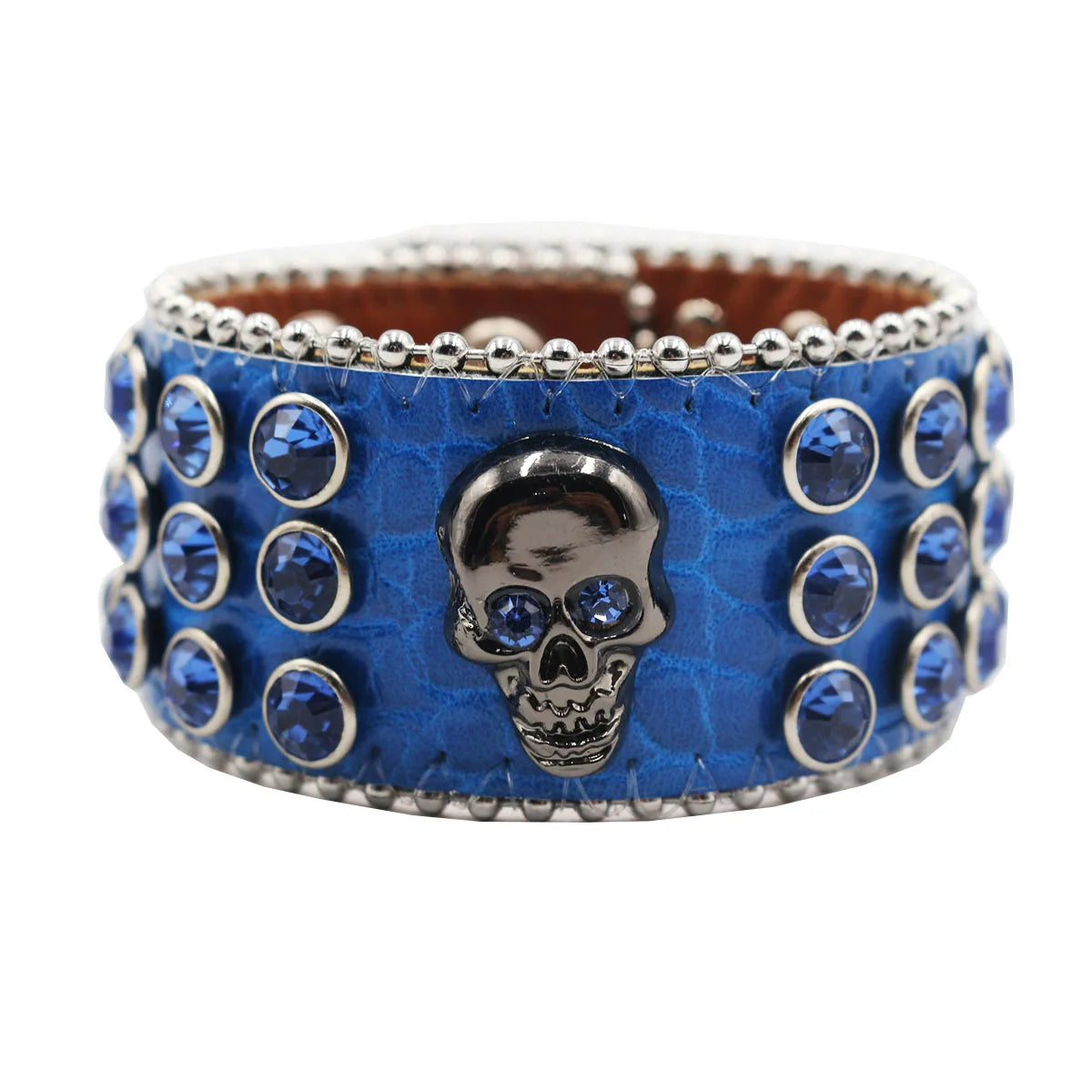 Wide Rhinestone Skull Bracelet – PU Leather Statement Cuff Bracelets LUNARITY GARAGE Blue