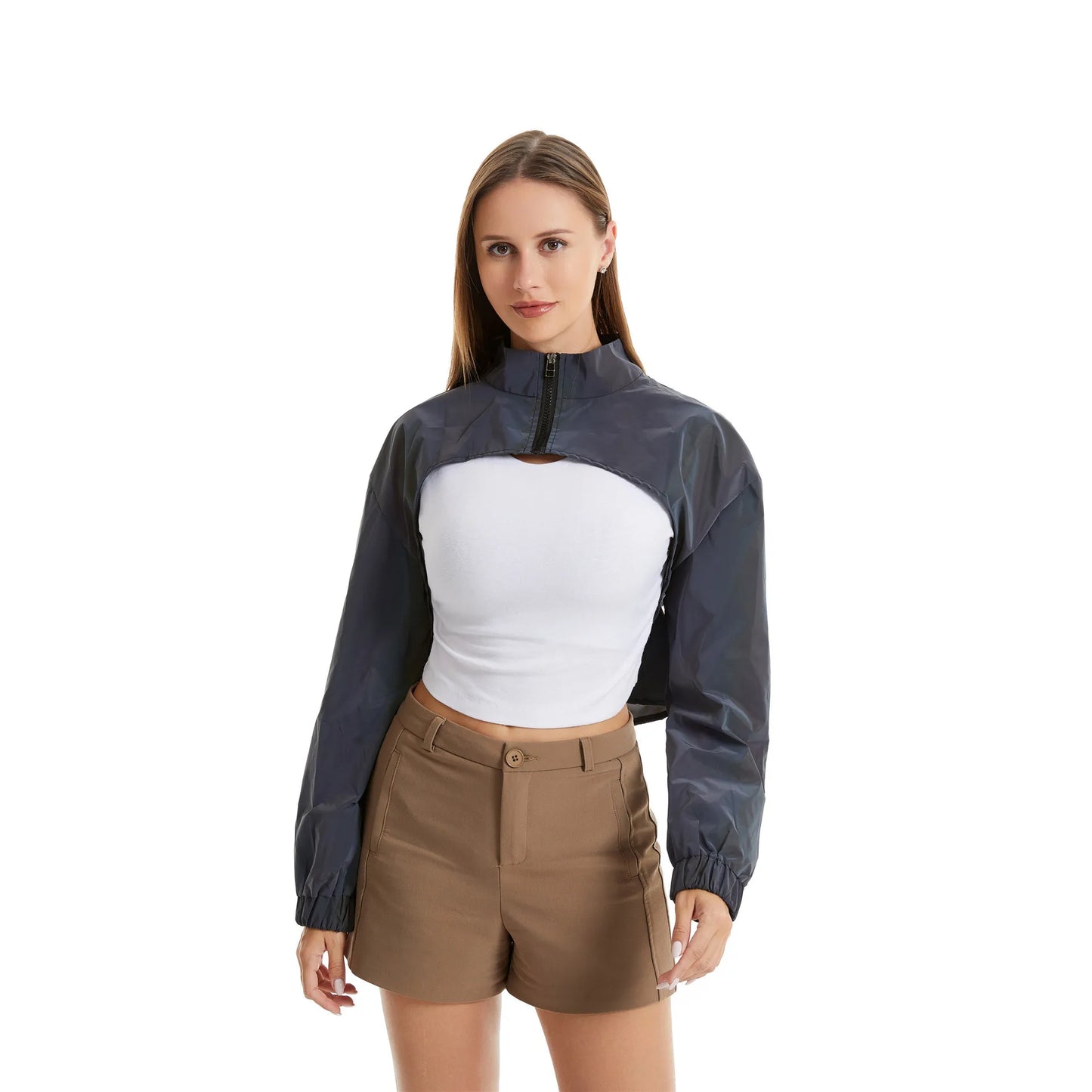 Reflective Colourful Short Jacket - Women Crop Top Long Sleeve Stand Spring Autumn Coat Jackets LUNARITY GARAGE