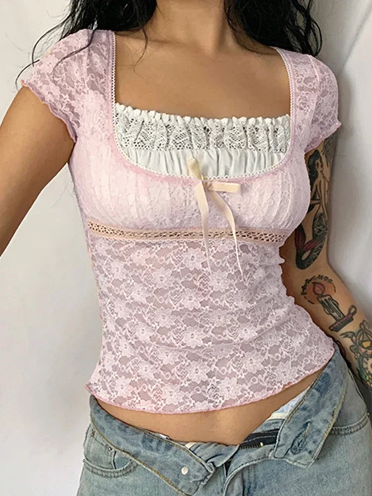 Y2k Pink Trim Crop Top Bow Cute Sweet T Shirt Women Retro Short Sleeve Lace Patched Summer Tee Korean Tshirt Coquette Aesthetic LUNARITY GARAGE