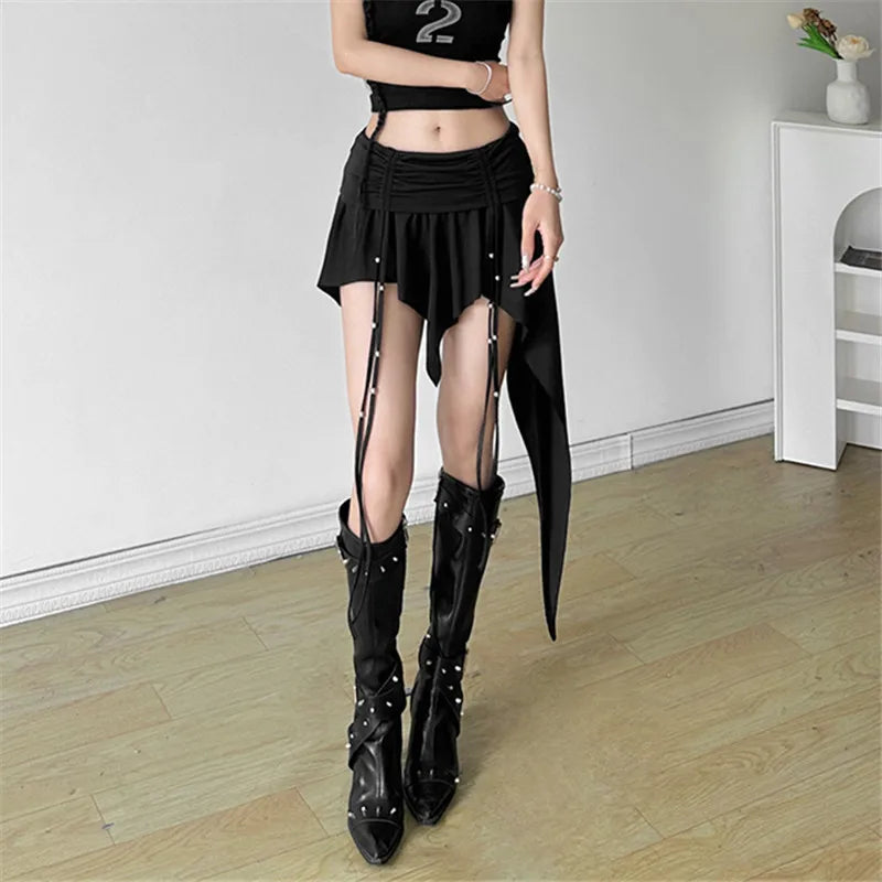 Gothic Dropped Waist Mini Skirt - Punk Grunge Irregular Hem A-line Techwear Skirts LUNARITY GARAGE