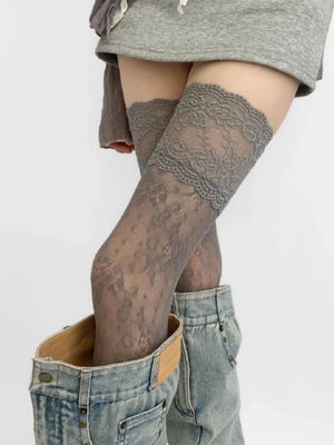 Women’s Lace Trim Nylon Fishnet Stockings – Retro Floral Mesh Thigh High