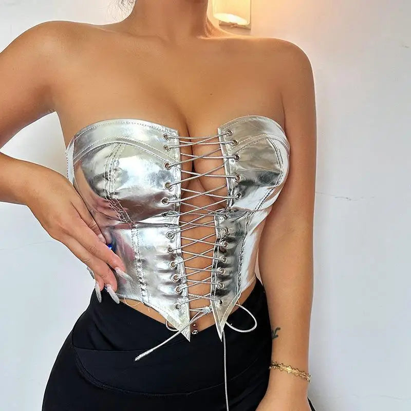 Women PU Leather Bustier Crop Top with Asymmetrical Strapless Lace-Up Design Tops LUNARITY GARAGE Silver S