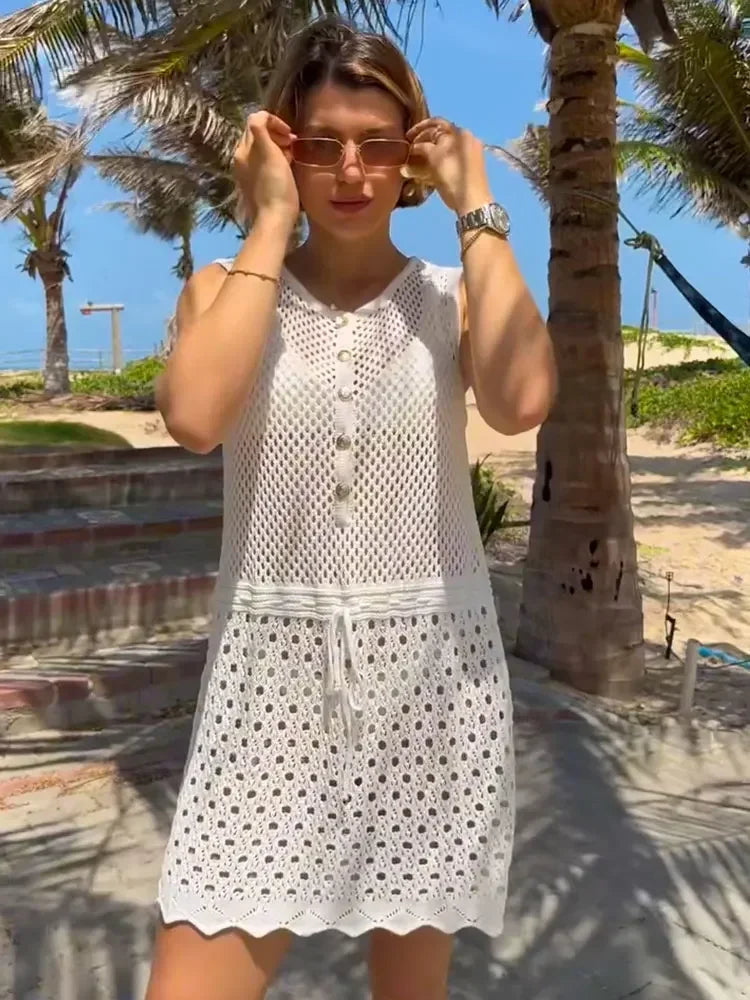 Effortless Charm: The Solid Knit Cut Out Mini Beach Dress cover ups LUNARITY GARAGE