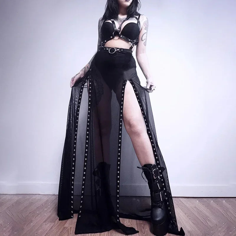 Harajuku Punk Goth Skirt for Women – Black Hollow Out Eyelet Split Long Skirt Skirts LUNARITY GARAGE Black S