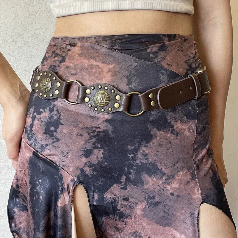 Vintage Circle Rivet Wide Belt - Cowboy Hollow PU Girdle Punk Metal Buckle belt LUNARITY GARAGE