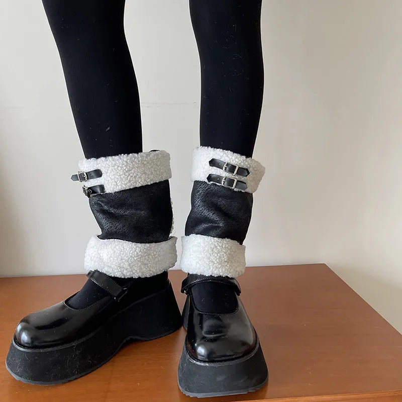 Punk Thickened Lamb’s Wool Suede Leg Warmers – Y2K Winter Knee Warmers with Plush Fur Ball Detail Leg Warmers LUNARITY GARAGE Short Buckle 45-50cm
