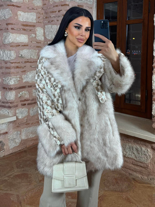 Sequin Embellished Faux Fur Coat - Beige coat LUNARITY GARAGE