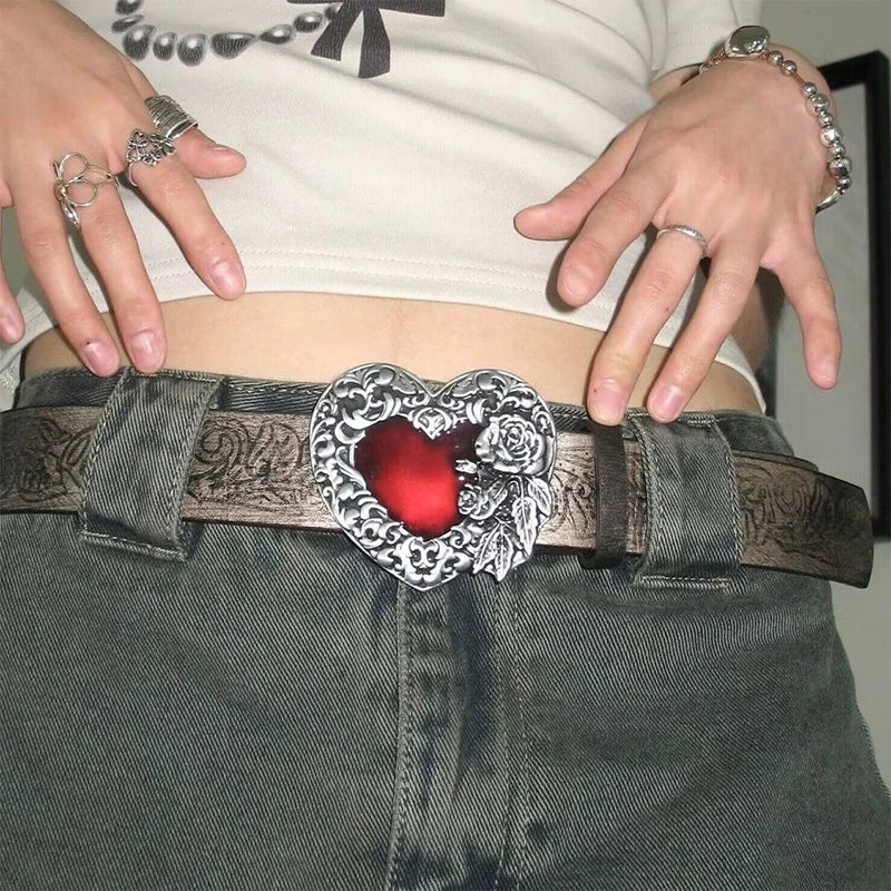 Gothic Punk Y2K Heart Buckle Belt - Red Peach Leather Waistband for Women Belt LUNARITY GARAGE