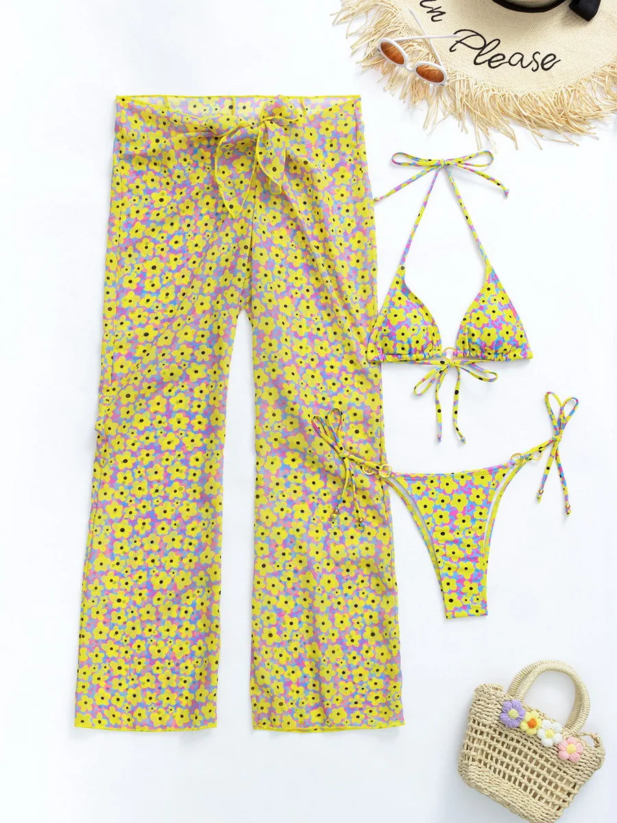 Three-Piece Halter Bikini Set with High-Waisted Pants | Summer 2025 Swimwear Bikini Set LUNARITY GARAGE