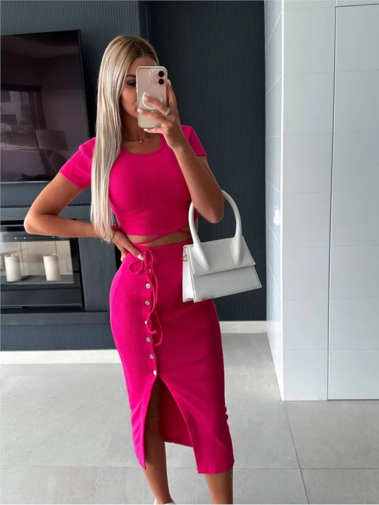 Ribbed Knit Two-Piece Set – Short Sleeve Crop Top & High-Waist Mini Skirt Clothing Set LUNARITY GARAGE