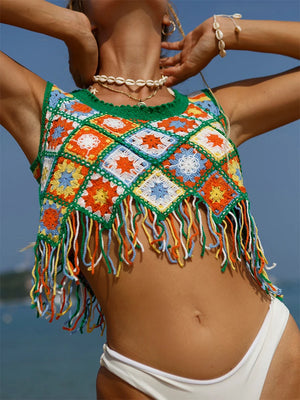 Crochet Style Bikini Cover-Up – Green Plaid Knitted Crop Top crop top LUNARITY GARAGE