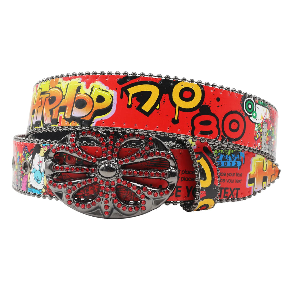 Bohemia Hip-Hop Graffiti Print Rhinestone Belt – Cowgirl & Cowboy Bling belt LUNARITY GARAGE Red 105CM