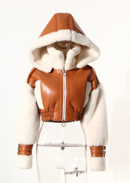 Leather Patchwork Lamb Wool Hooded Jacket Women Thick Warm Crop Coats Coats LUNARITY GARAGE