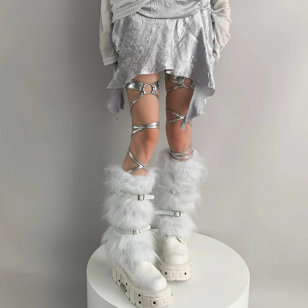 Harajuku Punk Leather Belt Fur Leg Warmers – Cozy Thick Imitation Rabbit Leggings Boots Covers Leg warmer LUNARITY GARAGE   
