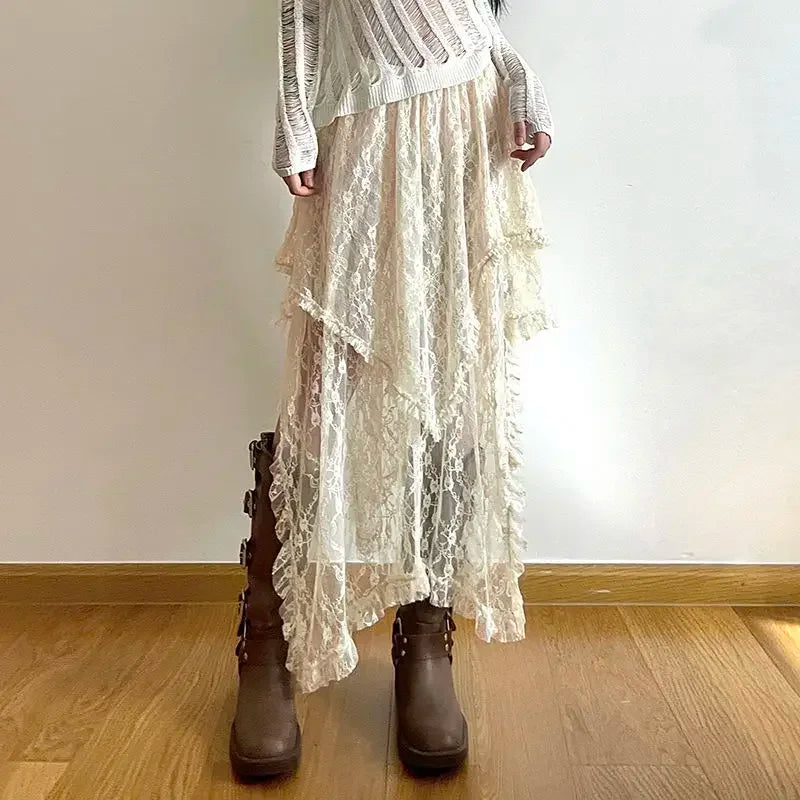 Lace Asymmetrical Skirt Fairycore Women Vintage Y2K Boho Aesthetic Fashion High Waist Mid Skirts Lady Holiday Outfits skirt LUNARITY GARAGE