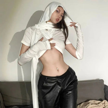 Punk Aesthetic Doomsday Wilderness Hoodie Tee | Grey Cross Hollow Ultra Short Top Party Wear top LUNARITY GARAGE