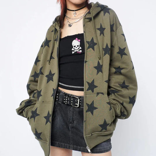 Y2K Vintage Star Oversized Zip-Up Hoodie – Harajuku Goth Streetwear Sweatshirt sweatshirt LUNARITY GARAGE