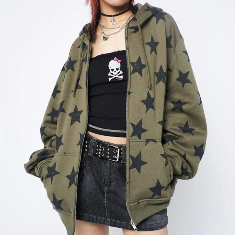 Y2K Vintage Star Oversized Zip-Up Hoodie – Harajuku Goth Streetwear Sweatshirt sweatshirt LUNARITY GARAGE S
