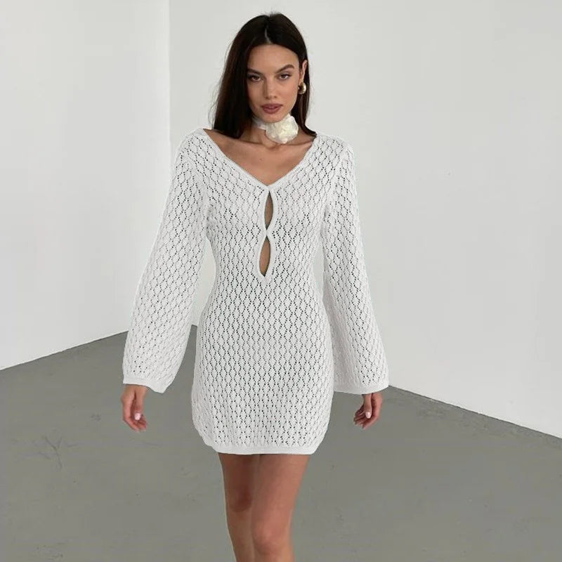 Long Sleeve Cut Out Backless Crochet Knitted Tunic | Beach Cover-Up Dress for Women cover up LUNARITY GARAGE White S