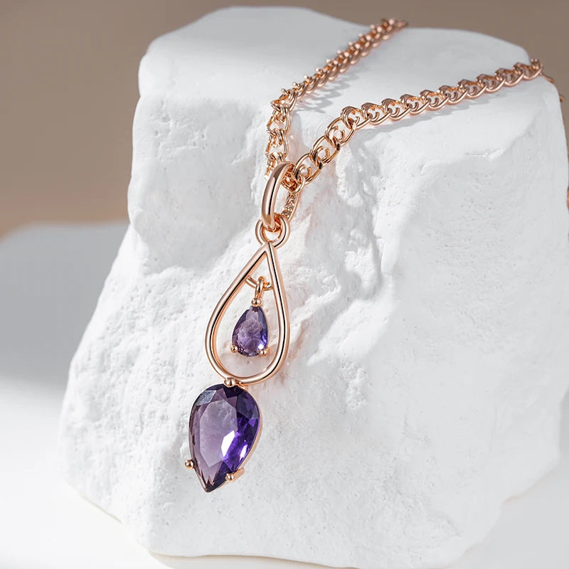 Elegant 585 Rose Gold Purple Zircon Pendant Necklace – Vintage Long Necklace necklace LUNARITY GARAGE