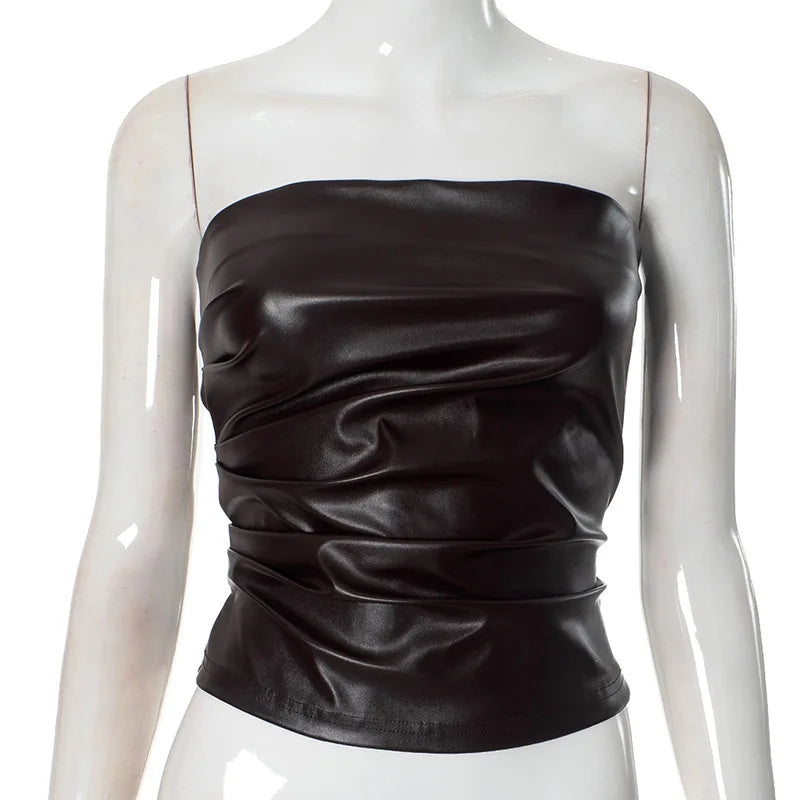 Wine Red Strapless Leather Top – Sexy Slim Fit Party Top Tops LUNARITY GARAGE