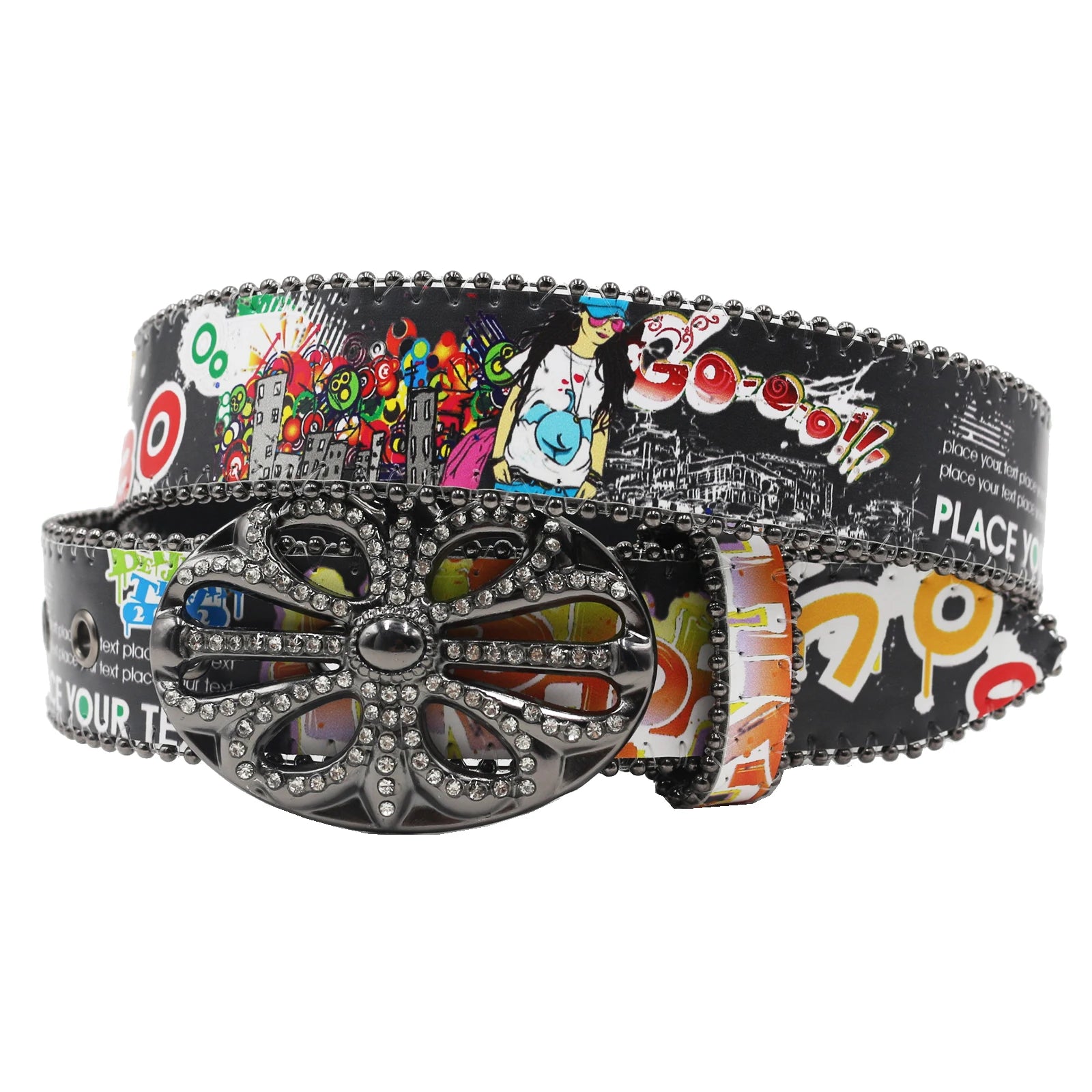 Bohemia Hip-Hop Graffiti Print Rhinestone Belt – Cowgirl & Cowboy Bling belt LUNARITY GARAGE Black 105CM