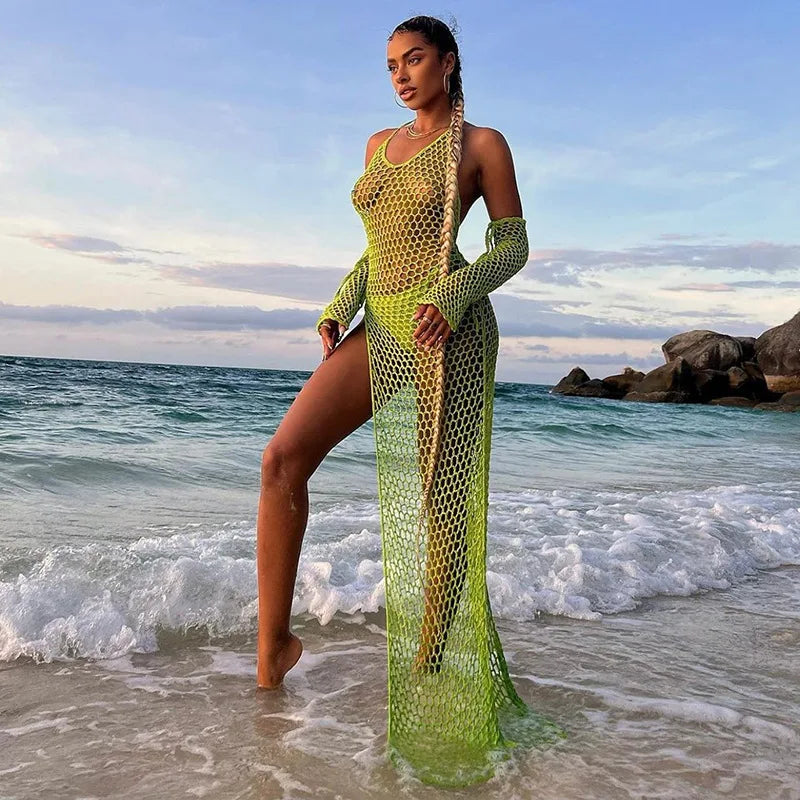 Mesmerizing Mesh: The Sexy Halter Neck Side Split Beach Dress cover up LUNARITY GARAGE Green S