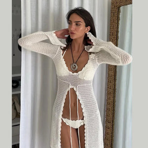 Mesmerizing Summer Nights: The Sexy Knit Hollow Out Beach Dress cover ups LUNARITY GARAGE White S
