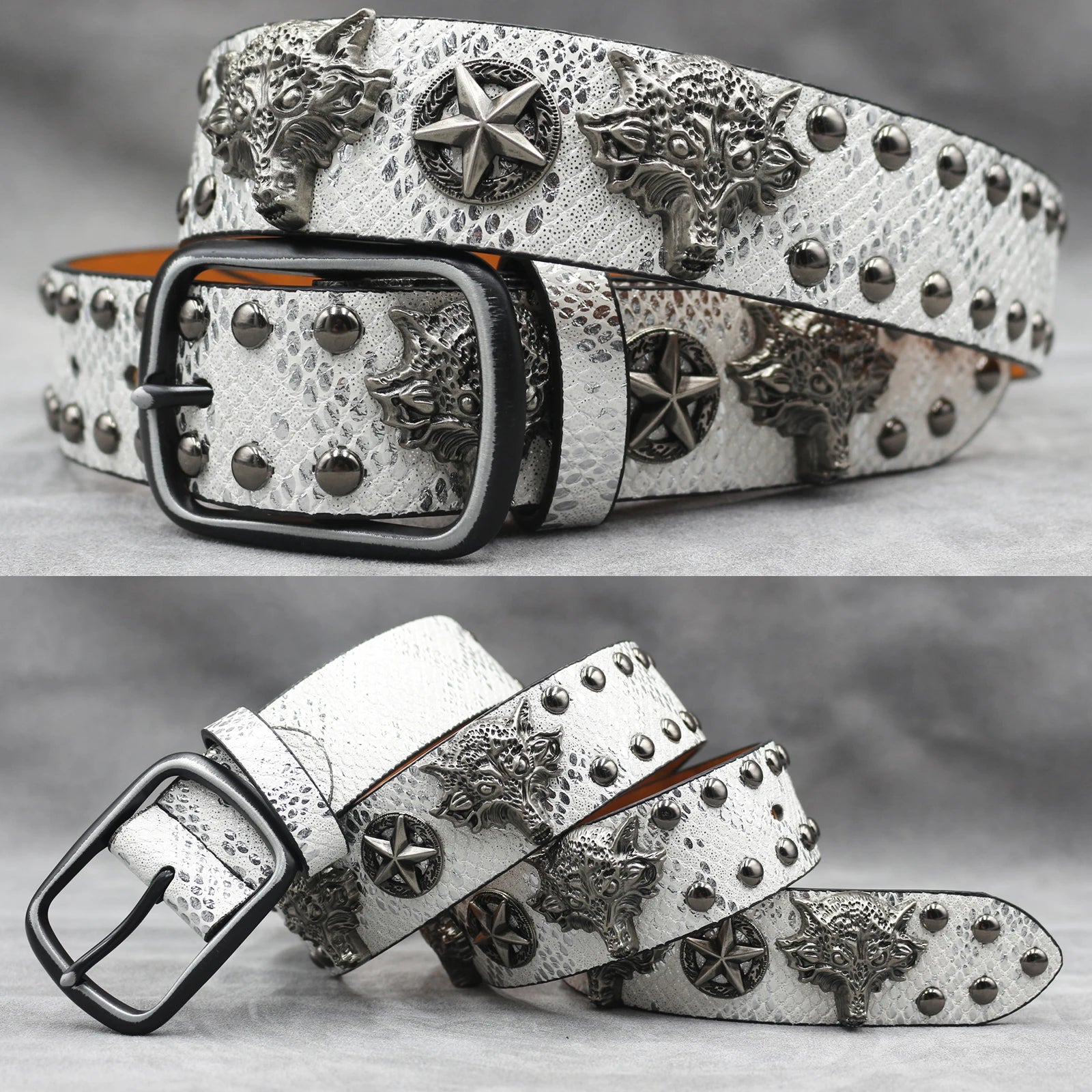 Fashion Wolf Rivet Belt – Studded Skull Punk Rock belt LUNARITY GARAGE Silver 105CM