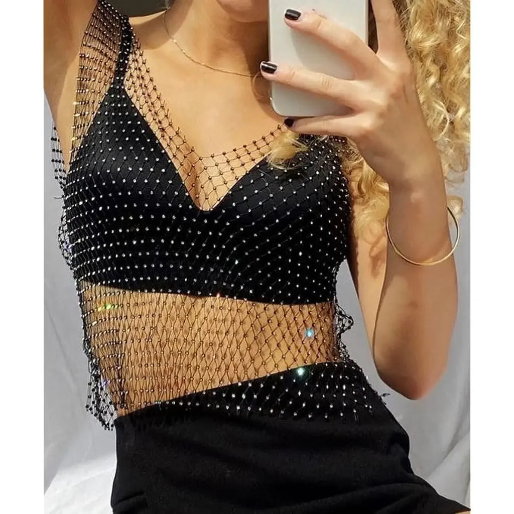 Sexy Shiny Rhinestone Fishnet Women Y2K Tank Tops See Through Crop Top Summer Beach Cover Up Tops Party Nightclub Women Clothing LUNARITY GARAGE