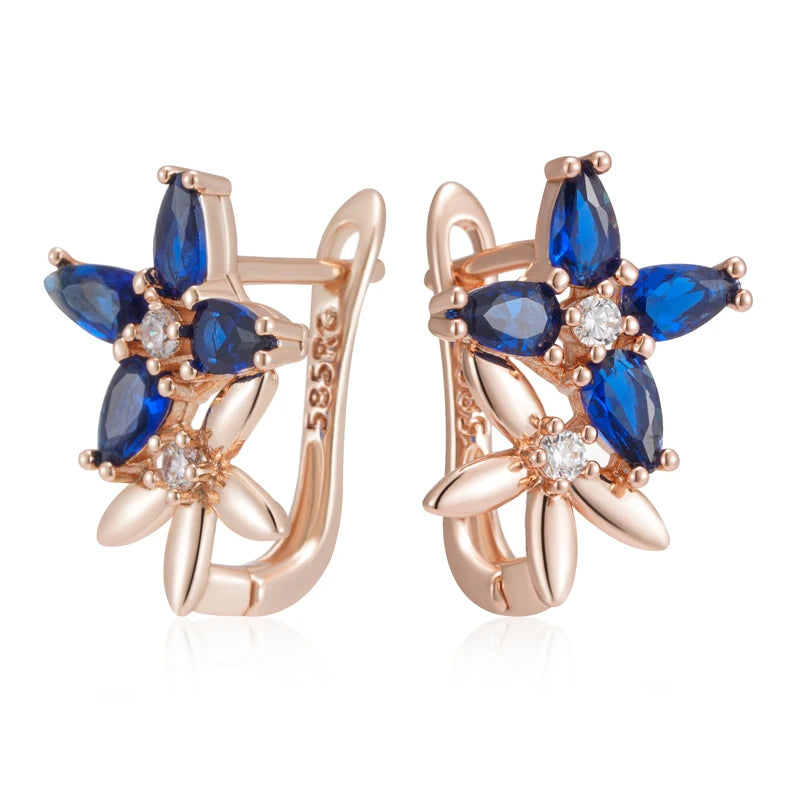 Elegant Rose Gold Crystal Flower Drop Earrings with Blue Zircon for Women – Vintage Jewelry Earrings LUNARITY GARAGE