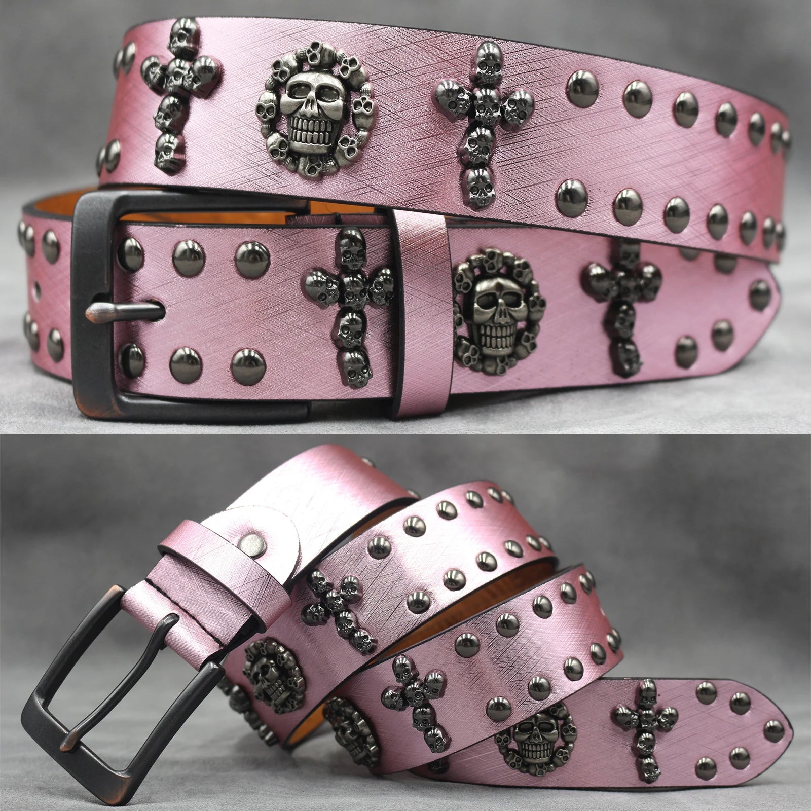 Y2K Metal Punk Rock Rivet Belt – Skull Studded Goth Style (3.8cm) belt LUNARITY GARAGE Pink 105CM