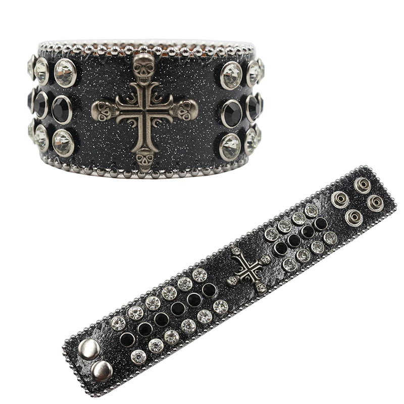 Exquisite Crystal Rhinestone Skull Cross Bracelet – PU Leather Party Jewelry Bracelets LUNARITY GARAGE SZKLT-Shiny black