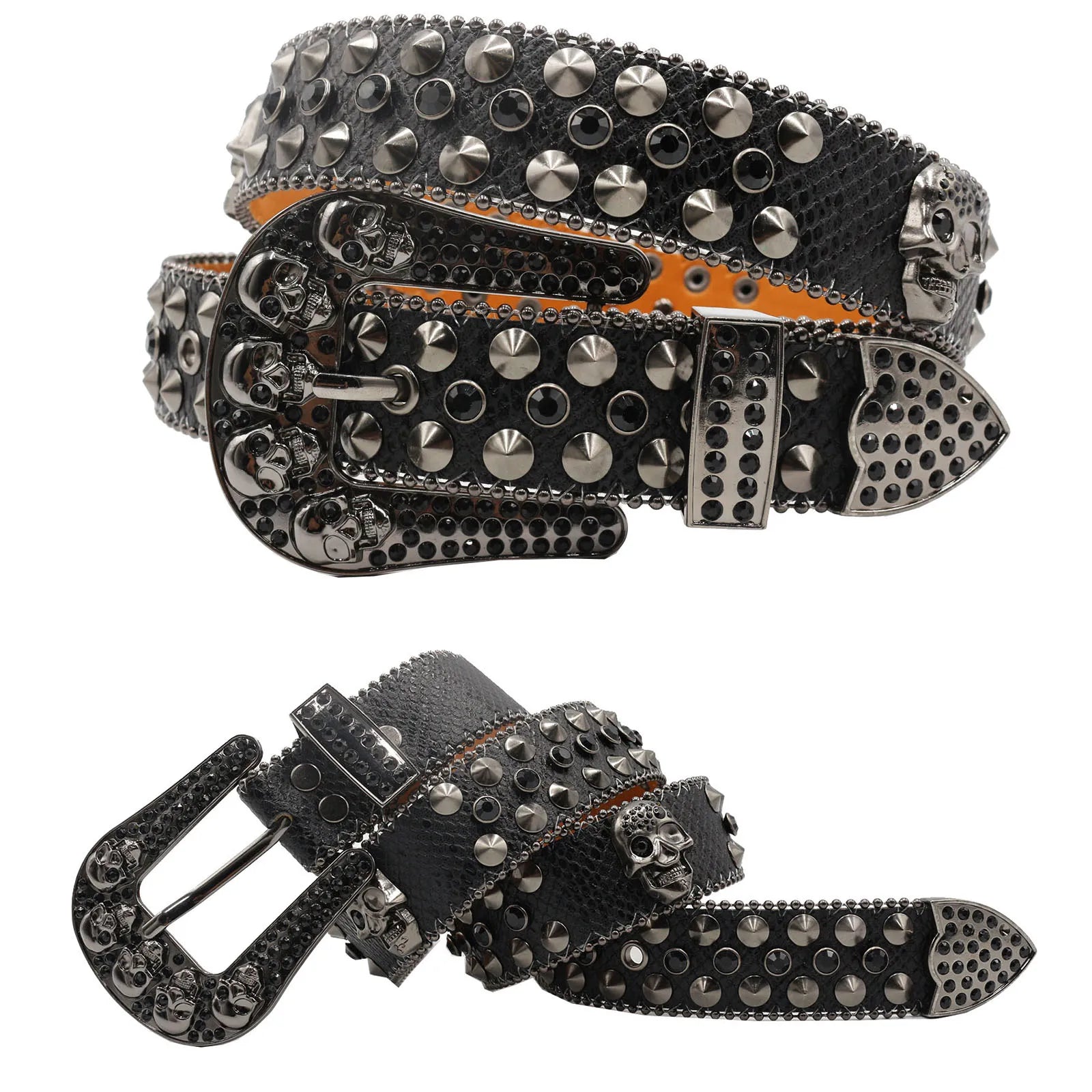 Skull Rhinestone Cowboy Belt – European & American Style Pin Buckle belt LUNARITY GARAGE JD-5Skull-Black 115CM
