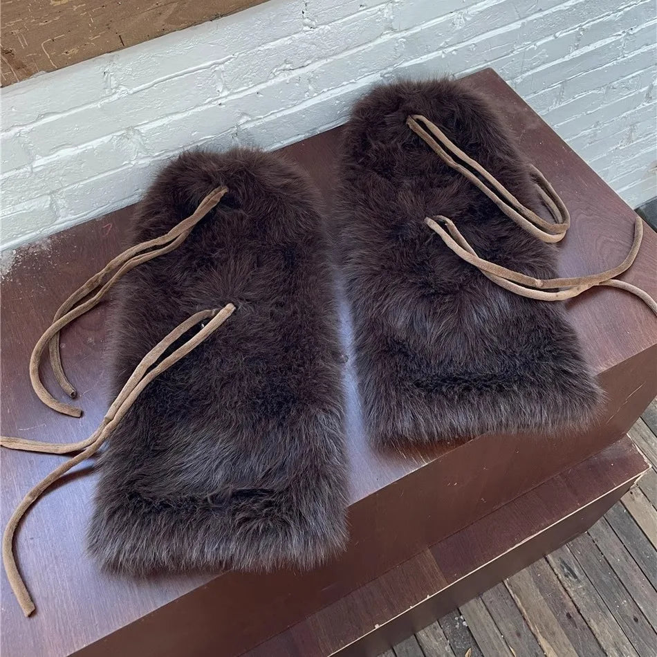 Punk Bow Tie Faux Rabbit Fur Leg Warmers – Y2K Winter Plush Boot Covers for Cold Weather Leg Warmers LUNARITY GARAGE Brown 45-50cm