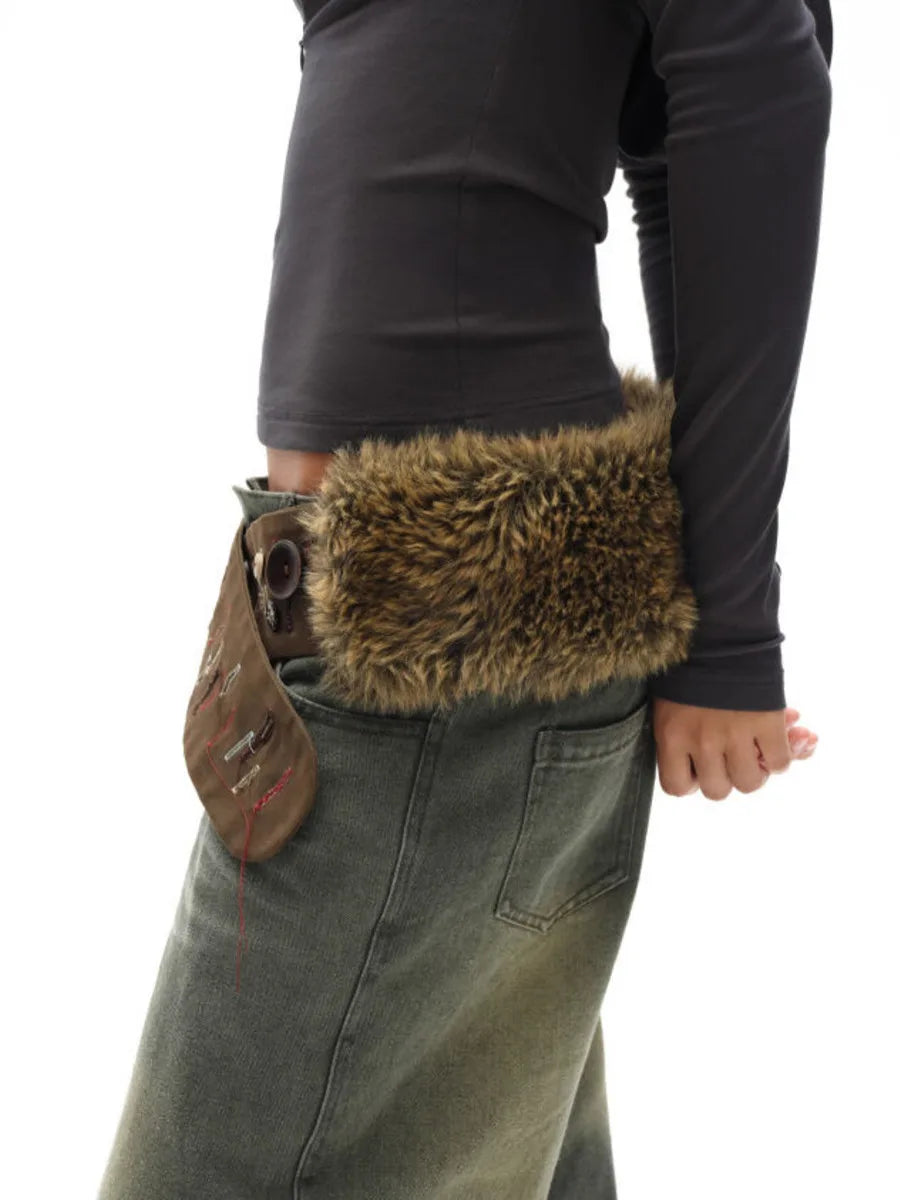 Vintage Brown Fur Belt - Y2K Hook Furry Cowgirl Gothic Punk Hip Hop Waistband Belt LUNARITY GARAGE