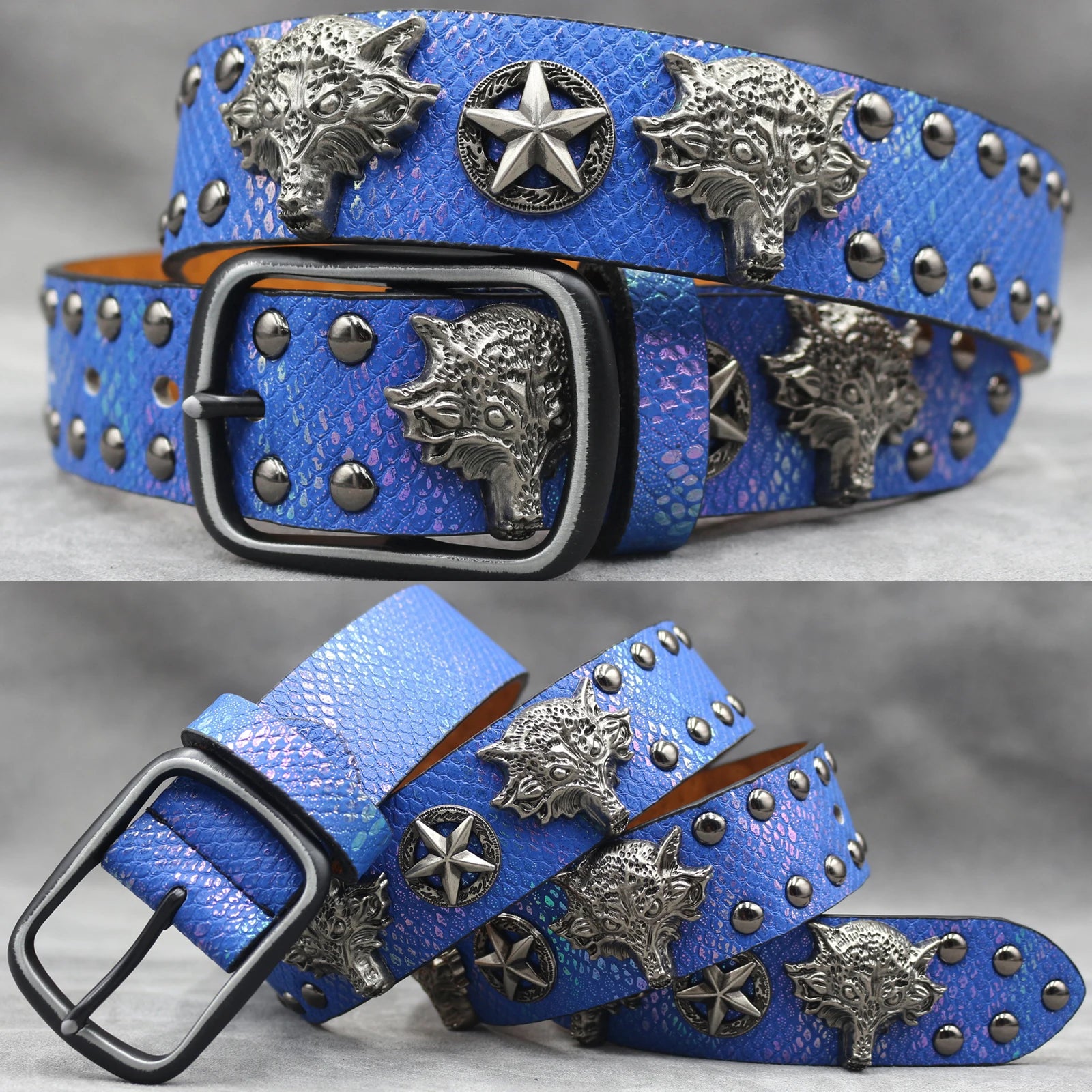 Fashion Wolf Rivet Belt – Studded Skull Punk Rock belt LUNARITY GARAGE Blue 105CM