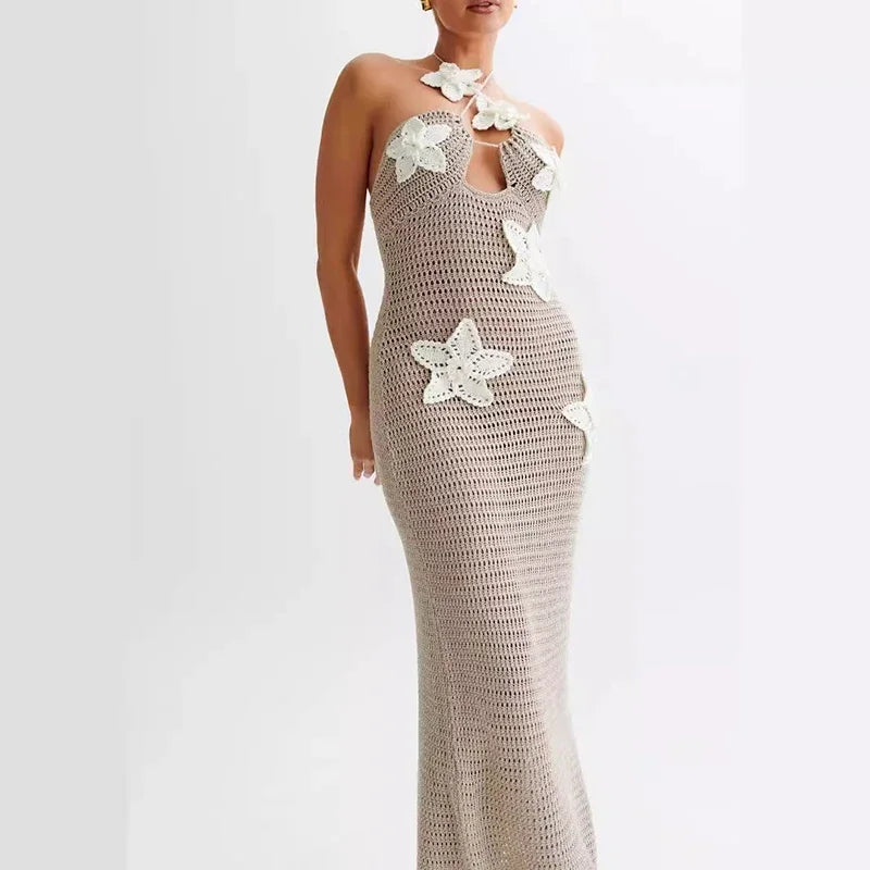 Elegant Beach Vacation Summer Trend Clubwear Bodycon Dress | Appliques Halter Sexy Flower Knit See Through Long Dress beach dress LUNARITY GARAGE